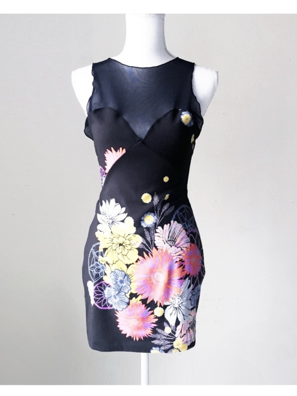free people fairycore romantic sheer floral mini tunic dress keyhole black xs